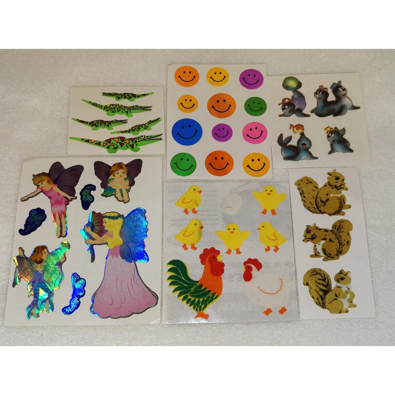 Sandylion ZDesign Great 7 Sticker Set BIG MAXI Fuzzy Holo Pearly Elfen Fee Smilies Eichhörnchen Hühner 80er 90er