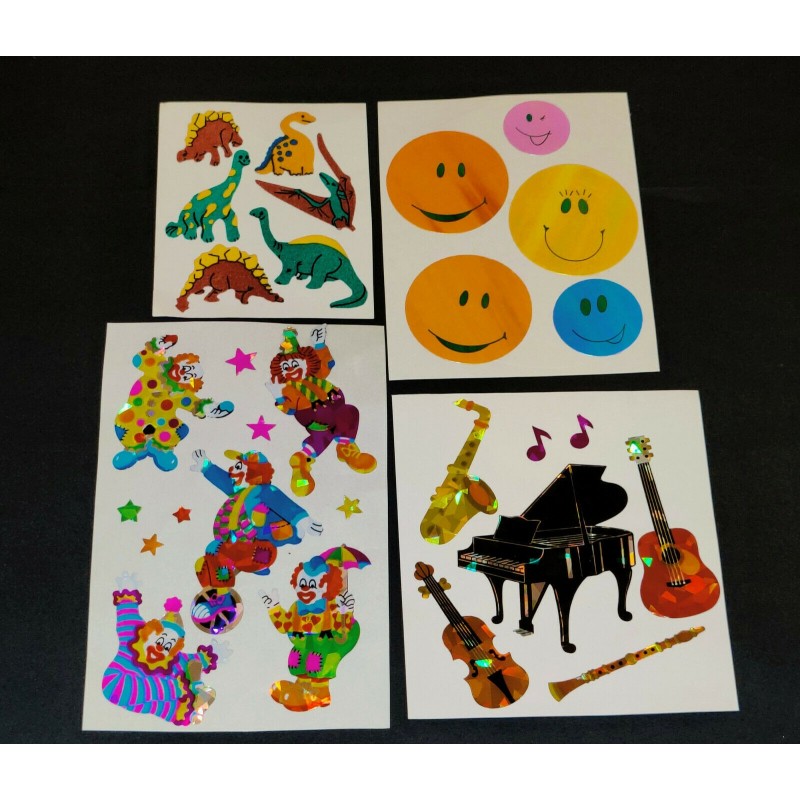 Sandylion ZDesign Great 7 Sticker Set BIG MAXI Fuzzy Stoff Pearly Prisma Clown Smilies Dinos Musik 80er 90er