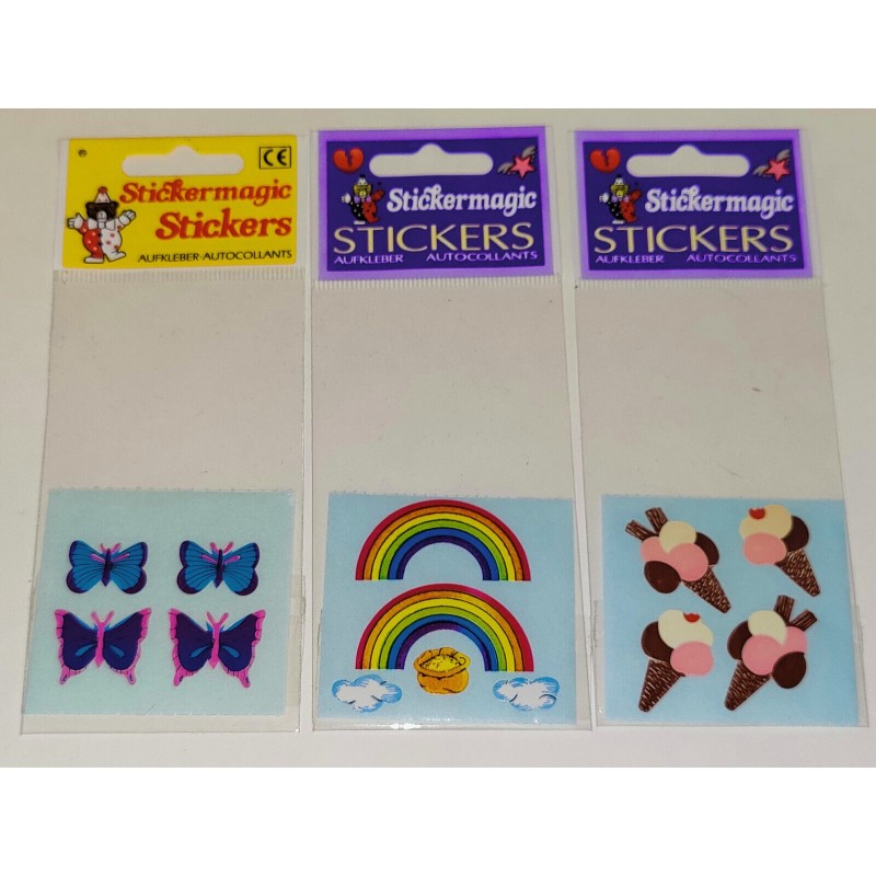 3 x STICKERMAGIC Stickerabschnitt OVP Kromekote Schmetterlinge Regenbogen Eis Sticker 80er 90er