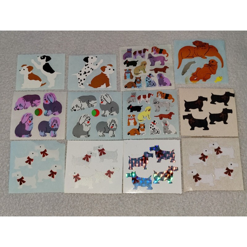 12 x STICKERMAGIC Stickerabschnitt Mini Kromekote Fuzzy Pearly Prisma Silk Hunde Dogs Bobtail Terrier Sticker 80er 90er