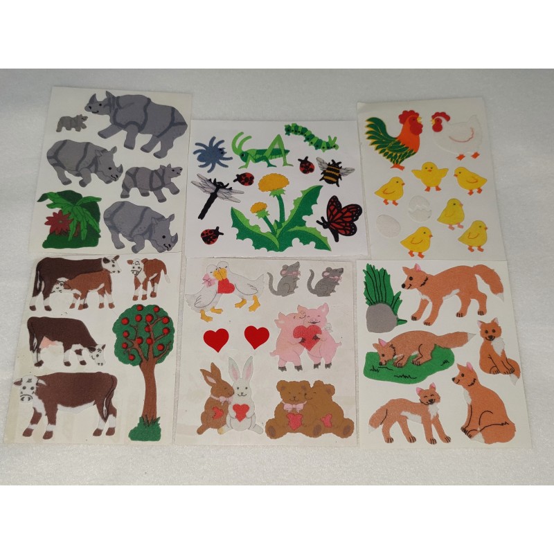 6x Sandylion Sticker Set BIG MAXI Fuzzy Stoff Filz Tiere Kühe Nashorn Insekten Fuchs 80er 90er