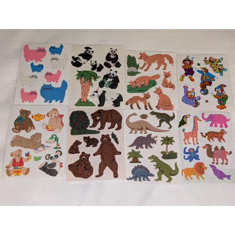 8x Sandylion Sticker Set BIG MAXI Fuzzy Stoff Prisma pearly Tiere Katzen Bären Safari 80er 90er