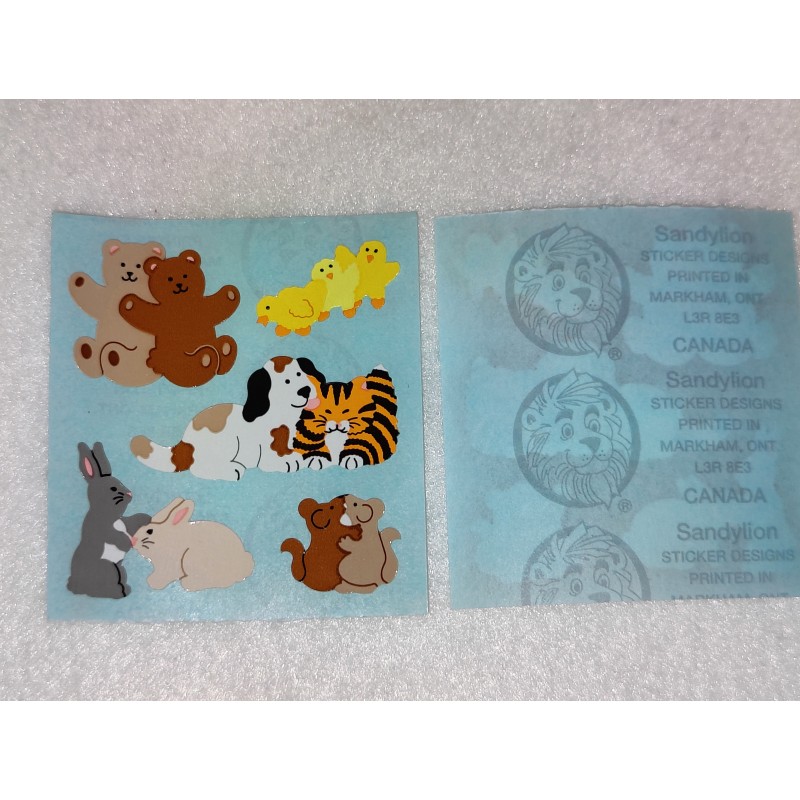 SANDYLION Stickerabschnitt Kromekote Haustiere Pets Bären Hasen Hund Katze blue Back 80er 90er